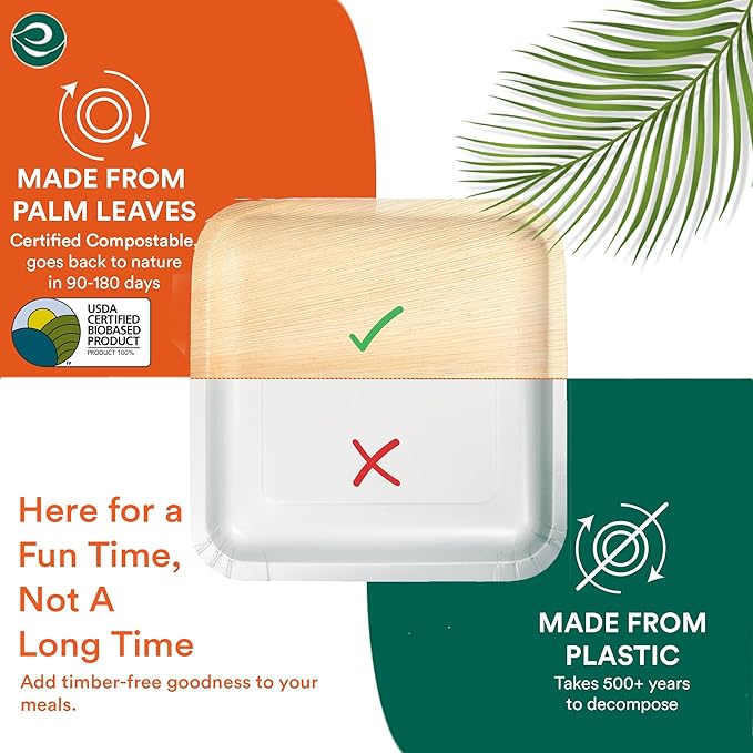 ECO SOUL Palm Leaf Plates 8"(100 Count) Square Compostable Bamboo Plates Heavy- Duty, Biodegradable Eco-Friendly Dinnerware for Party Dinner, Wedding, Holiday & Event