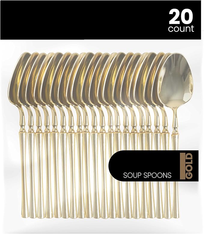 PlasticPro 20 Count Gold Plastic Soup Spoons Premium Quality Heavy Duty Disposable Elegant Silverware Soup Spoons for Party