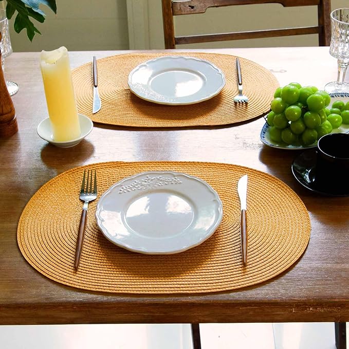 FunWheat Oval Braided Placemats Set of 4 Table Mats for Dining Tables Washable Heat Resistant Place Mats for Indoor Outdoor Use 12 x18 Inch(Oval Pumpkin Yellow, 4pcs)
