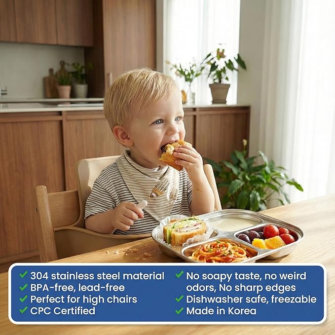 Korean Stainless Steel Divided Plates for Toddlers, Kids, Babies, Premium 304, Electro-Polished, No Black Residue, BPA-Free, 4-Compartment Food Tray, Camping, Balanced Meals, Set of 2