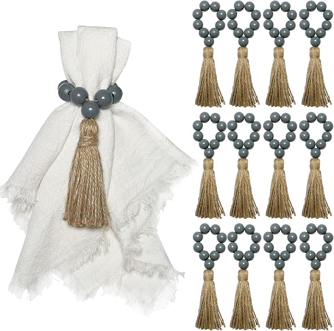 Napkin Rings Set of 12,Wooden Napkin Rings,Wood Bead Elastic Farmhouse Napkin Holder with Tassel,Boho Napkin Ring for Table Decor,Weeding,Dinner,Party (Dark Gray)