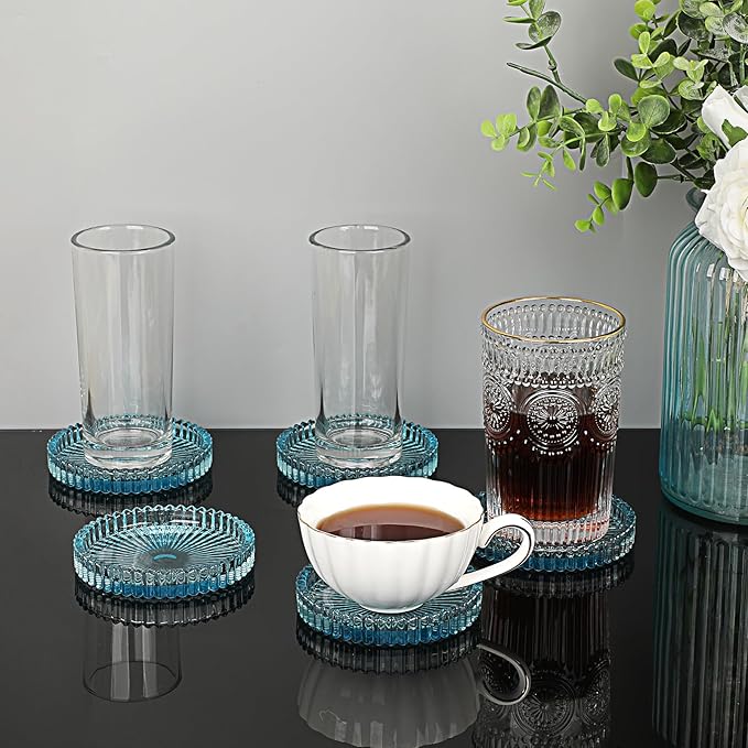 JUXYES 5 Pack Clear Blue Crystal Coasters Round Cup Mat, Glass Coasters for Drinks Coffee Tea Wine, Decorative Wine Bottle Coaster, Crystal Drink Coasters for Restaurant bar Kitchen Dining Table