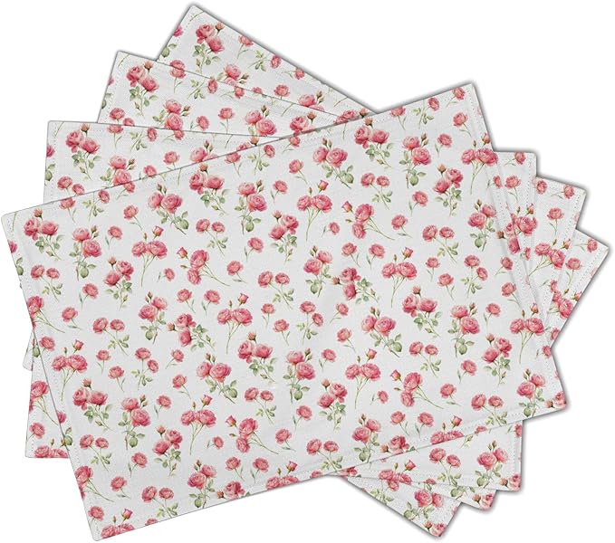 Pink Place Mats - Rose Placemats Set of 4 Floral Flower Table Mats 12x18 for Party Kitchen Dining