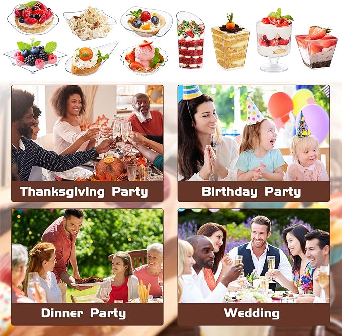 Tessco for you 1600 Pcs Mini Appetizer Plates Dessert Cups with Spoons Forks Set Assorted Shape Plastic Parfait Cups Dessert Plates Container Bowls with Disposable Spoon Fork for Party (Clear)