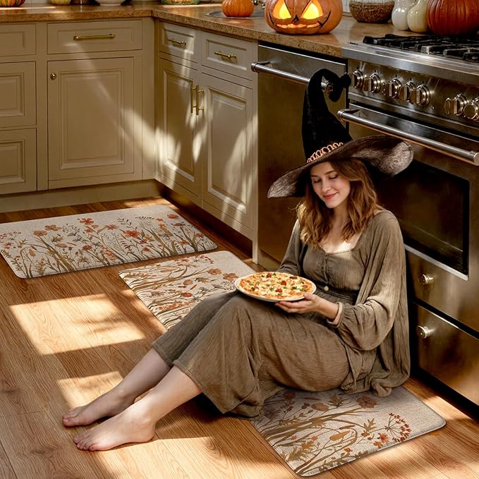 KIMODE Fall Kitchen Mats Cushioned Anti Fatigue, Orange Farmhouse Kitchen Rugs Sets of 2, Non Slip Kitchen Mats for Floor, Padded Kitchen Floor Mats for Sink Laundry Office Desk 17"x47"+17"x29"