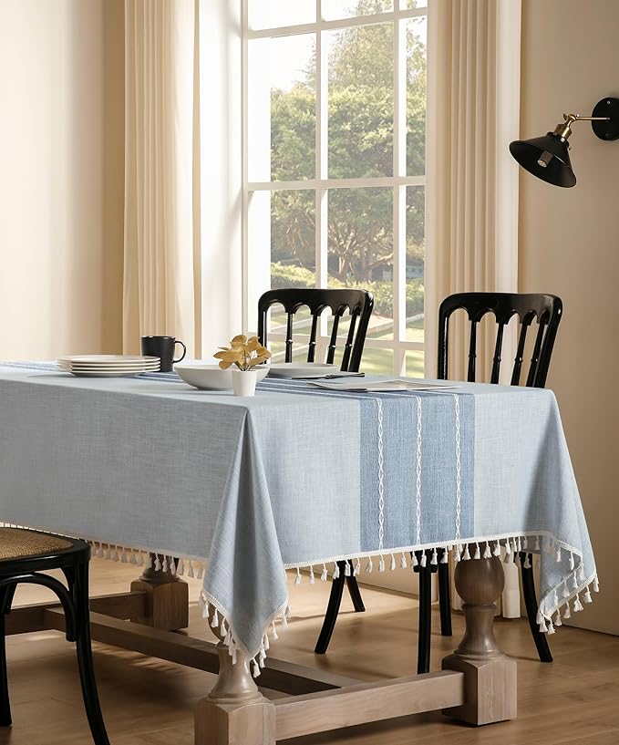 ZeeMart Contrast Linen Table Cloth Rectangle Table Cloths 60x84 Inch Blue, Farmhouse Style Heavy Weight Blue Tablecloth, Water Resistant Burlap Tablecloths