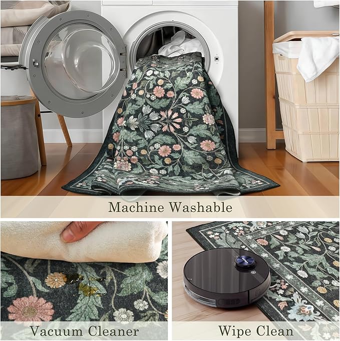 Dark Green Floral 5x7 Area Rugs for Living Room Large Washable Rug Vintage Forest Low Pile Non Slip Stain Resistance Soft Carpet for Dining Room, Bedroom, Office Rug, Kids Room, Nursery Room, Playroom