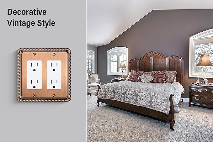 Henne Bery Rope Edge Decorative Wall Plate Switch Plate Outlet Cover (Double Decorator, Antique Copper)