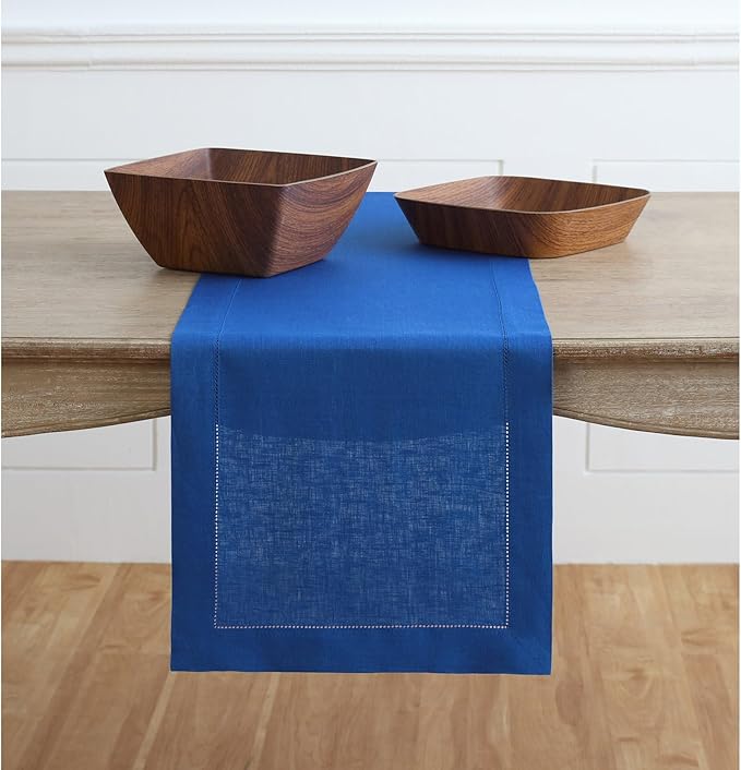 Solino Home Linen Royal Blue Table Runner 90 Inches Long - 100% Pure Linen 14 x 90 Inch Table Runner for Spring - Classic Hemstitch