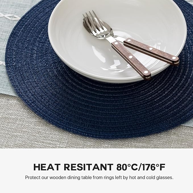 Round Placemats Set of 4 Woven Placemats Washable Braided Table Mats for Dining Table Heat Resistant Non-Slip Circle Place Mats(Navy Blue)