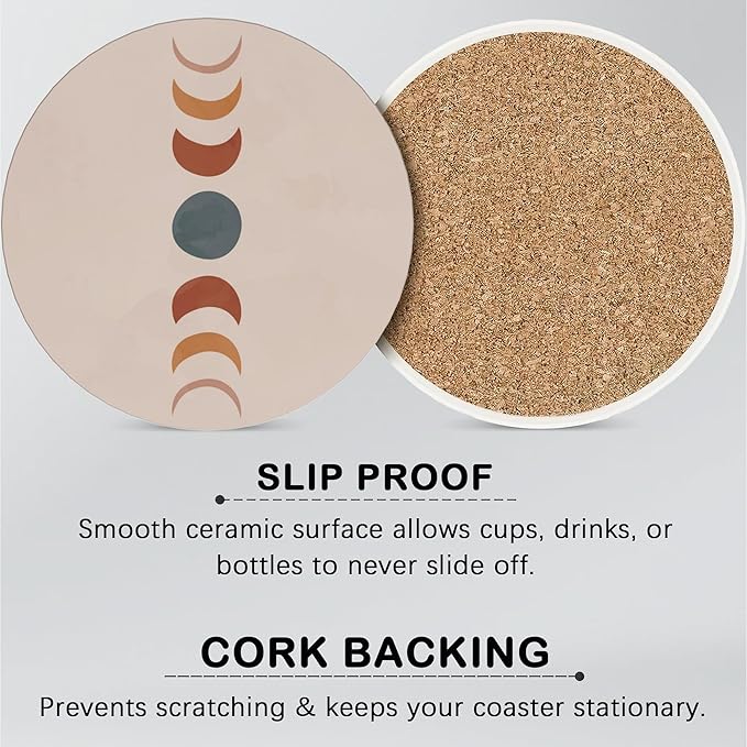 Drink Coasters for Drinks Set of 6, Boho Art Absorbent Round Ceramic Stone Mat Coaster, with Cork Base and Metal Holder, Home Bar Decor House Warming Gift