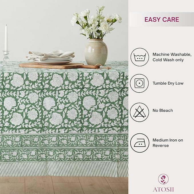 ATOSII Shalimar Green 100% Cotton Spring Summer Tablecloth, Handblock Print Rectangle Table Cover for Dining, Parties, Wedding, Outdoors, Easter Table Cloth I 72 X 140 Inches I 12 Seater