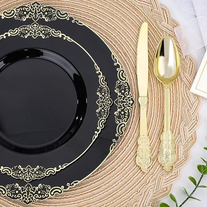 350 PCS Black and Gold Plastic Plates, Plastic Dinnerware Set for 50 Guests, 100 Disposable Plates, 150 Silverwares, 50 Cups, 50 Napkins for Party, Wedding, Graduation