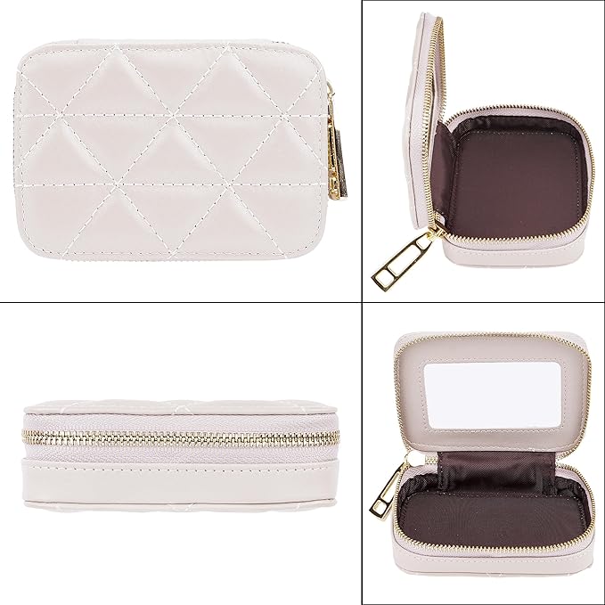 Lipstick Holder with Mirror for Purse, Genuine Leather Makeup Case, Compact Zippered Travel Cosmetic Organizer, Beige
