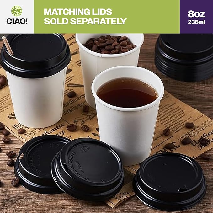 CIAO! 8oz White Paper Hot Cup, Disposable, 80mm Diameter 500 Count