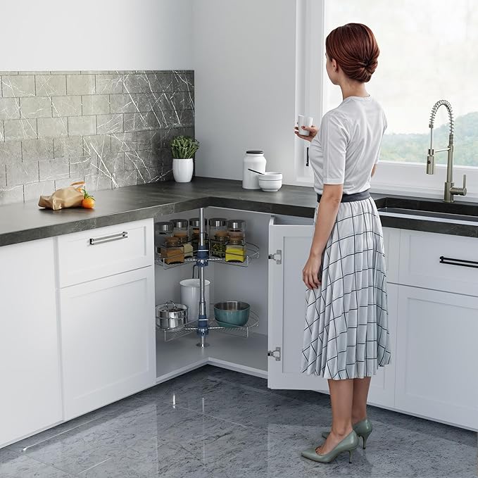 Dowell Base Cabinet Kidney Shape Dia.28 270° Lazy Susan, 2 Shelves, Kitchen Base Corner Cabinet Organizer (Chrome 4001 270 28)
