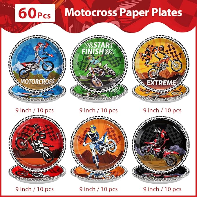 60Pcs Dirt Bike Party Decorations 9" Dirtbike Birthday Heavy Duty Paper Plates Motorcycle Disposable Plates Motocross Tableware for Boys Dirt Bike Birthday Party Decorations