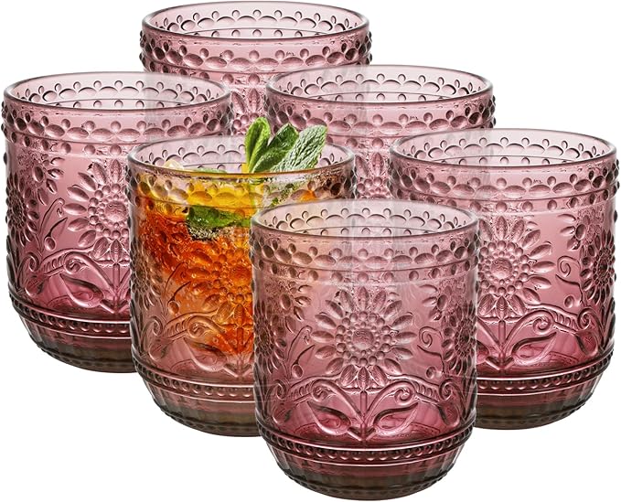 Topsky Vintage Drinking Glass Set of 6,12 oz Embossed Floral Decorative Glassware Set,Glass Cups Wine Glasses Beverages Tumblers Colored Glassware for Whisky,Beer,Juice,Cocktail,Heavy Duty