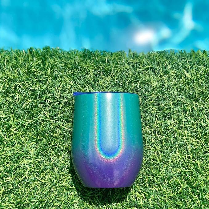 CHILLOUT LIFE 12 oz Stainless Steel Wine Tumblers 4 Pack - Double Wall Vacuum Insulated Wine Glasses Cups with Lids and Straws Set Keeping Cold & Hot for Coffee, Beer, Ice Cream - Mermaid Sparkle
