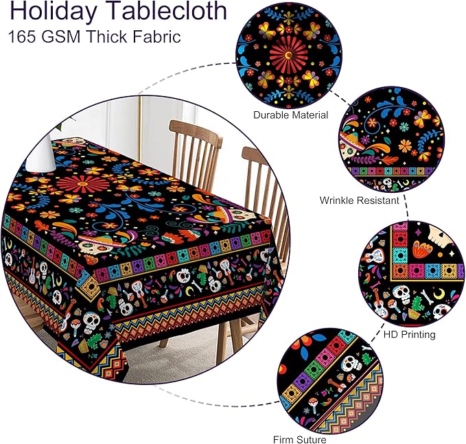 Mexican Tablecloth Rectangle 60 x 84 Inch, Cinco De Mayo Flower Skull Table Cloth Fiesta Indoor Decorations for Dining Room Party