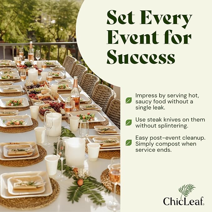 Chic Leaf Palm Leaf Bamboo Style Plates - 9-Inch Square, Pack of 50 - Compostable Serving Platters - Microwave -Disposable Plates - Durable Party Dishware, Upscale Look for Valentine’s Meals