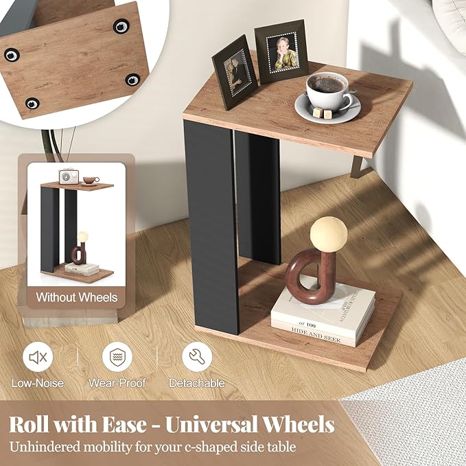 Giantex Rolling C Shaped End Table, 2-Tier Sofa Side Table with Universal Wheels & Storage Shelf, Narrow Nightstand for Small Space, Mobile Snack Couch Tray Table for Living Room & Bedroom