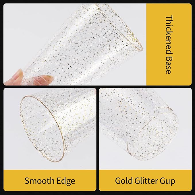 Goodluck 12 oz 50 PCS Gold Glitter Plastic Cups, Disposable Glitter Cups, Elegant Plastic Cocktail Glasses, Fancy Party Cups for Wedding, Birthday, Holiday