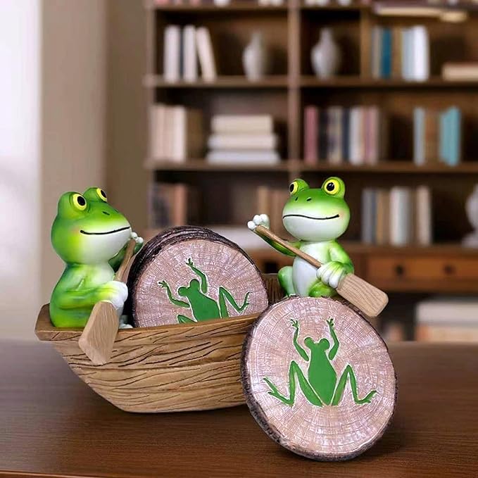 Frog Coasters Set of 6 Rustic Coasters in Handmade Canoe Drink Coffee Mug Wine Beer Bar Round Table Decorative Cute Log Cabin Decor for The Home