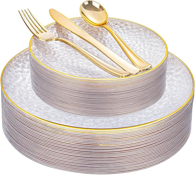 Rubtlamp 30Guest Plastic Gold Dinnerware Set, Gold Plastic Plates, Heavy Duty Disposable Dinnerware Include 30 Dinner Plate,30 Dessert Plates, 90 gold Silverware