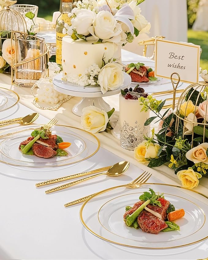 Quatish 120 Pcs Gold Rim Disposable Plastic Plates for Party,Wedding Plate Includes 60 Pes 10.25 Inch 60 Pes 7.5 Inch Heavy Duty Dinner & Dessert Plates, Perfect for Festivals,Picnics,in Clear