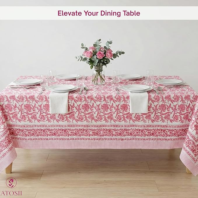ATOSII Red Bloom 100% Cotton Tablecloth, Handblock Print Rectangle Table Cover for Kitchen Dining I Tabletop Linen I Parties, Wedding, Spring Summer Table Cloth 60 X 108 Inches