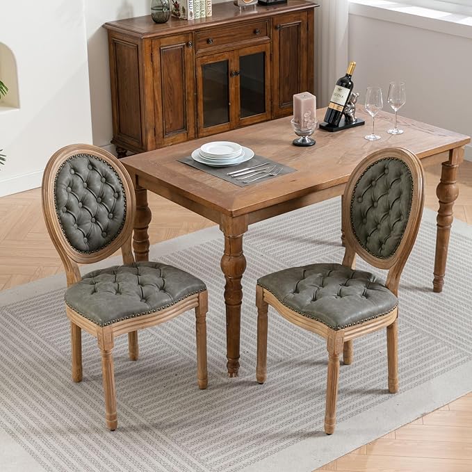 Ball & Cast French Vintage Upholstered Dining Chairs Set of 2, Button Tufted Kitchen Side-Chairs with Carved Antique Wood Frame & Nailhead Trims, PU-Leather Curved Backrest Louis Chair, PU Green