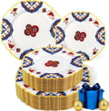 Morejoy 60pcs Plastic Disposable Plates Set - White Plastic Plates Featuring Classic Blue and Russet Floral Design With Gradient Gold Rim, 10.25 Dinner & 7.5 Dessert Plates for Wedding & Party