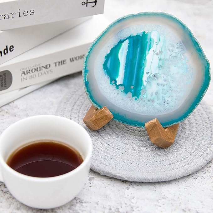 Luxury Lane Large Natural Brazilian Agate Slice Geode Rock Stone Drink Coaster with Wood Holder 4.7-5.5 inch Centerpiece Table Decoration, Teal