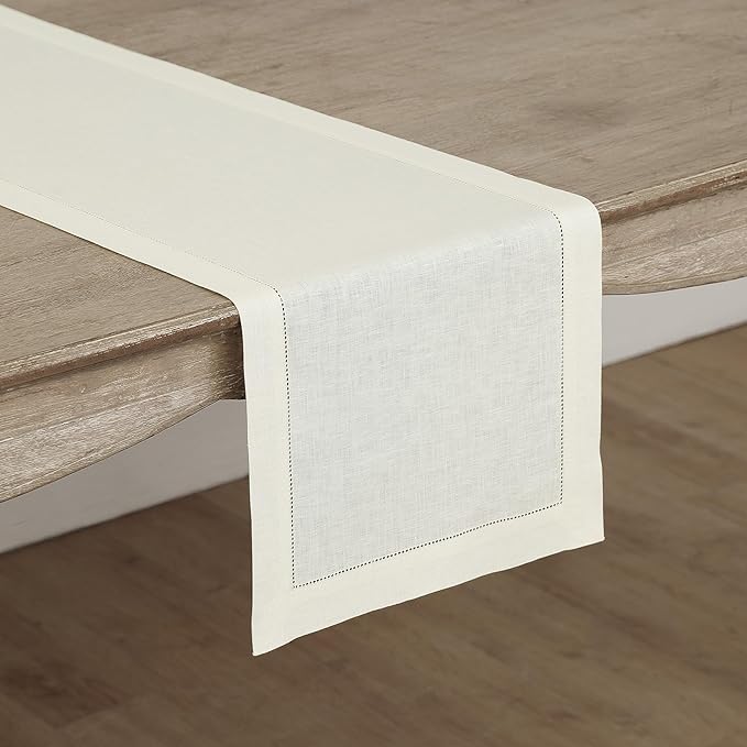 Solino Home Linen Ivory Table Runner 72 Inches Long - 100% Pure Linen Hemstitch Table Runner 14 x 72 Inch for Dresser, Dining, Spring, Easter - Classic Hemstitch