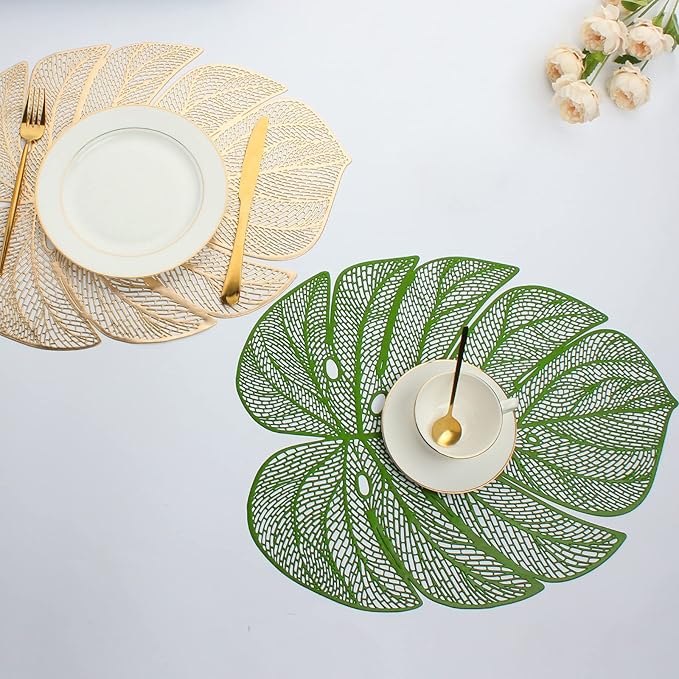Evevda Green Leaf Shaped Vinyl Placemats for Dinner Table Set of 8 Plastic Green Place Mats Wipeable 8Pcs Table Mats for Wedding Annersary Dinner Table Decoration Mats