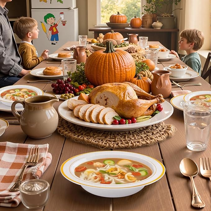 bUCLA 120 Pack Disposable Plastic Bowls Gold Trim 12oz - Elegant Party Bowls Disposable for Salad, Soup, Dessert, Ideal for Wedding & Thanksgiving
