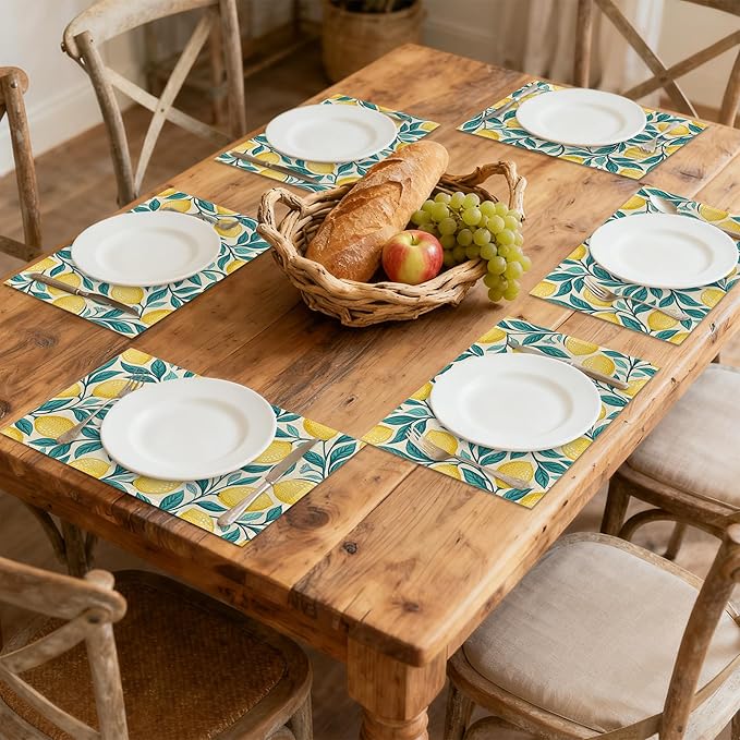 Placemats Set of 6 Lemon Leaf Place Mats Washable Kitchen Dining Linen Table Mats Stain Heat, for Home Party Indoor 12x18 in