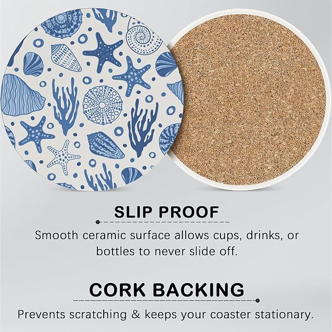 Summer Beach Set of 6 Coasters for Drinks Absorbing Round Ceramic Stone Coaster with Cork Base,Tabletop Protection Mat for Mugs and Cups,Office,Kitchen