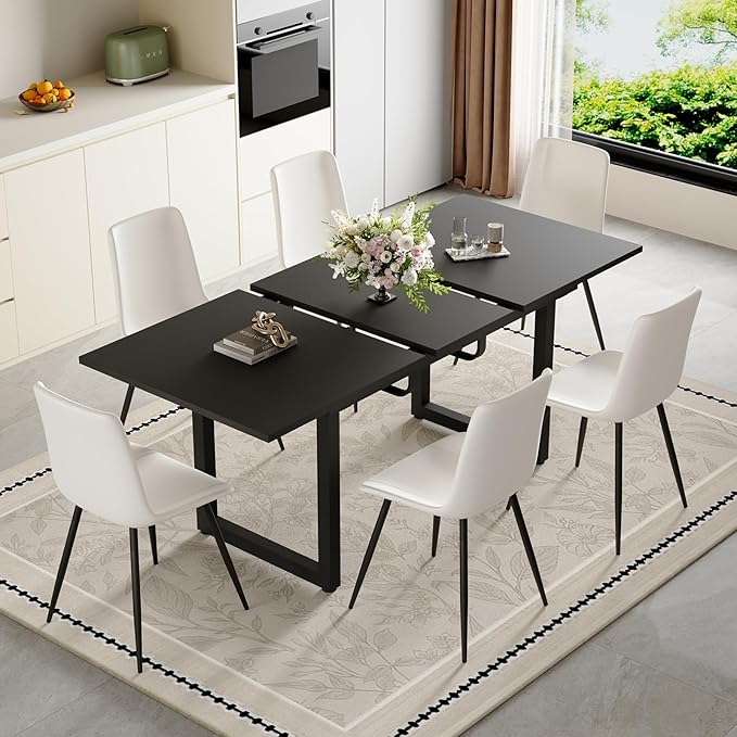 Extendable Dining Table Set for 4, 55"–71" Modern Black Kitchen Table with 4 Upholstered Chairs, Space-Saving for Living Room Apartment, Sturdy & Comfortable, Easy Assembly