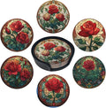 Rose Coasters for Drinks with Holder Round Leather Coasters Set of 6 Cups Mugs Mat Pad for Home Kitchen Bar