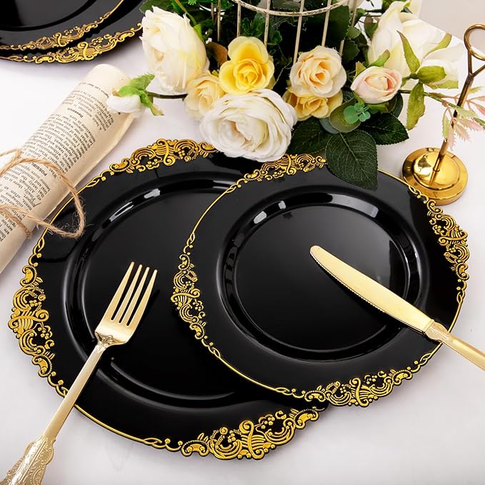 102PCS Black and Gold Plastic Plates - Black Disposable Plates - Heavyweight Disposable Plate with Gold Rim - Fancy Dinner & Dessert Plate for 51 Guests Weddings & Party