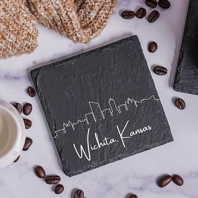 Blue Ridge Mountain Gifts - Wichita KS Skyline Coasters, Set of 4 - Wichita Kansas Souvenir, Slate Coasters with Minimalist Skyline, Housewarming Gift for Friends, Family, & Neighbors