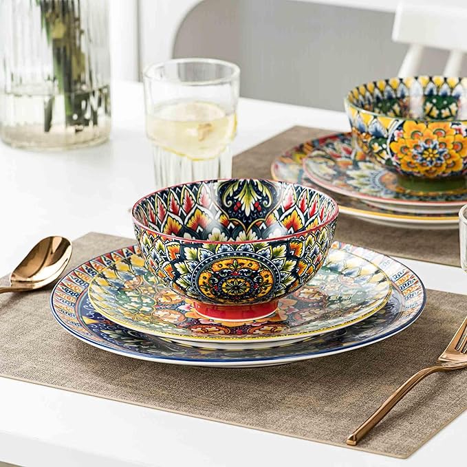 Henten Home Ceramic Soup Bowls Set of 4, Bohemia 22 oz Cereal Bowls Set, Porcelain Serving Bowls for Dinner, Salad, Pasta, Fruit, Decorative, Microwave & Dishwasher Safe