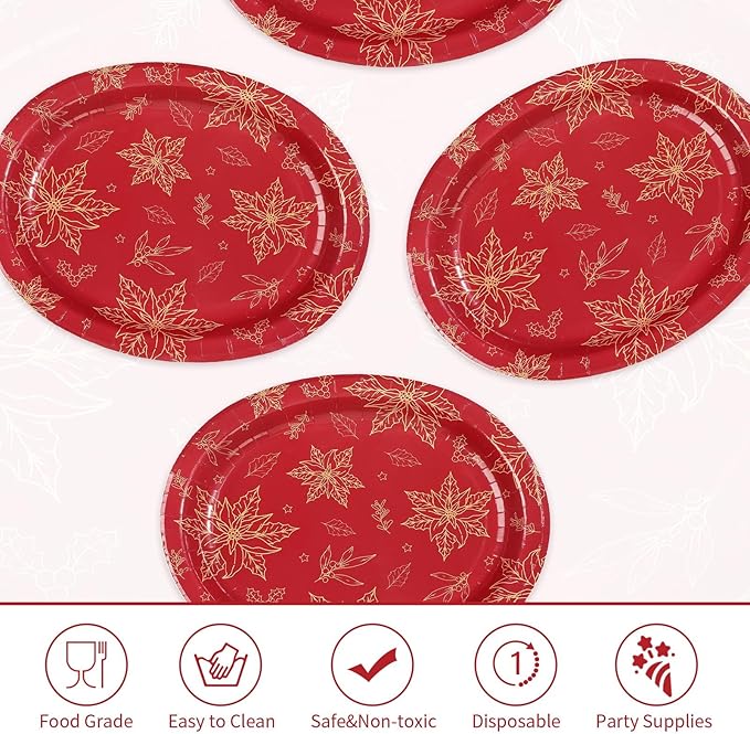 50Pcs Christmas Oval Paper Plates 10" x 12" Large Disposable Heavy Duty Red Gold Flower Poinsettia Paper Platters Xmas Poinsettia Themed Dessert Plates for Christmas Winter Holiday Party Supplies