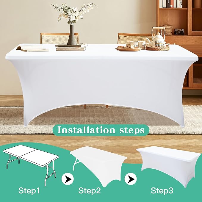 2Pack 8FT Table Cloth for Rectangular Fitted Events Stretch White Table Covers Washable Spandex Tablecloth Protector for Party, Wedding, Cocktail, Banquet, Festival