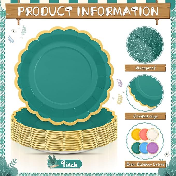 96 Pcs Boho Rainbow Paper Plates 9 Inch Colorful Scalloped Paper Plates Disposable Dinner Dessert for Birthday Wedding Bridal Party Supplies, 6 Colors
