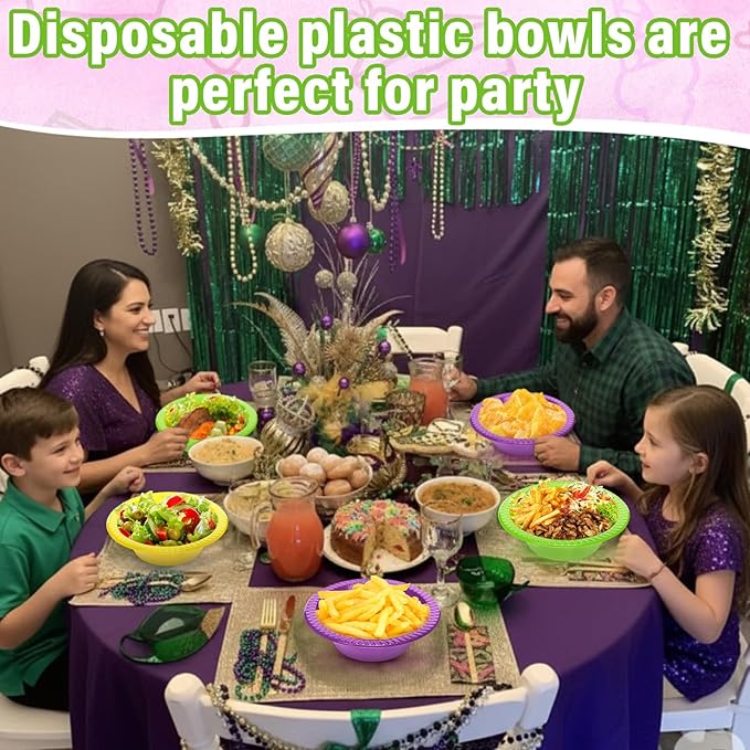 Layhit 100 Pcs Mardi Gras Plastic Bowls 12 oz Disposable Plastic Dessert Serving Party Supplies Salad Candy Snack Bowls for Holiday Wedding Party Picnic
