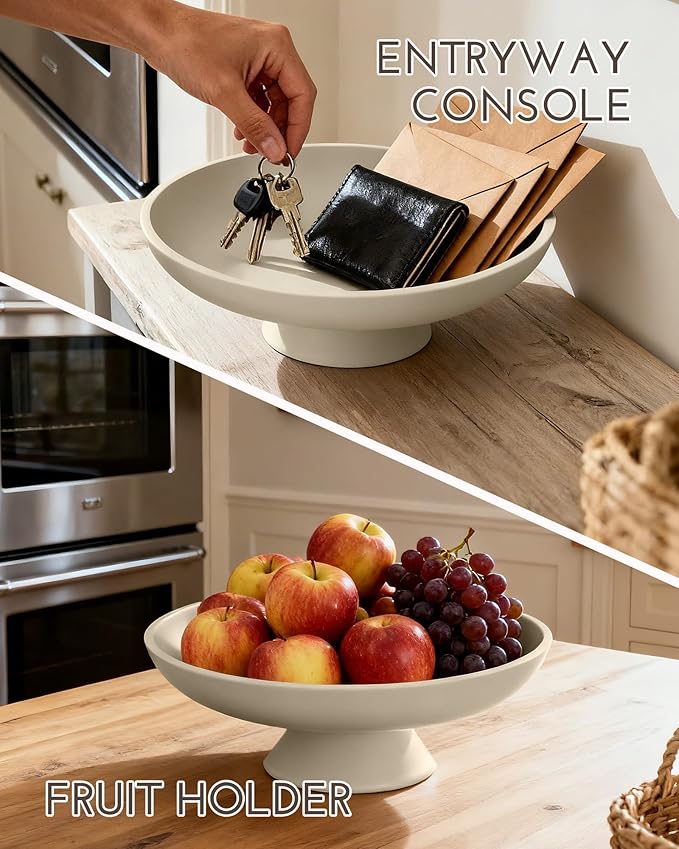 11.81" Pedestal Fruit Bowl, Concrete Large Decorative Fruit Bowls, Modern Fruit Bowl For Kitchen Counter, Footed Entryway Bowl For Keys, Cream White Decorative Entryway Table Bowl-Beige