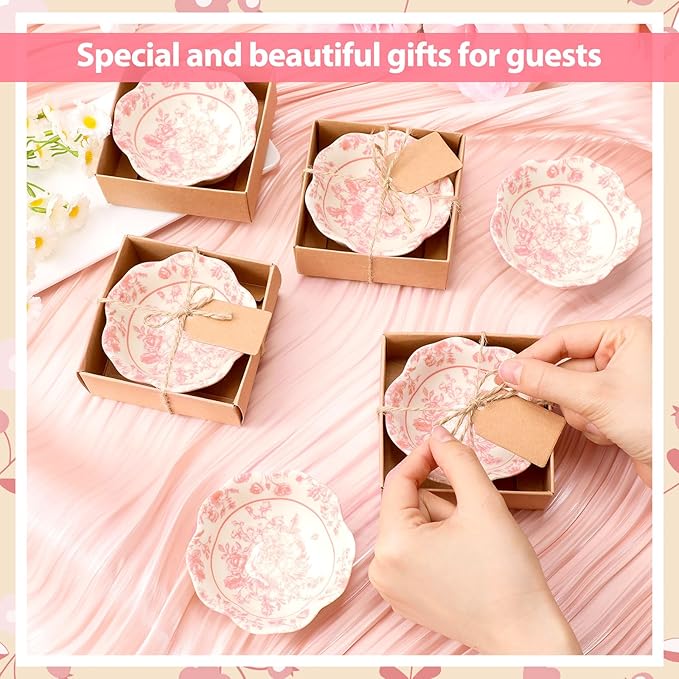 12 Pcs Wedding Favors for Guests Small Ceramic Bowl Bulk Gifts Set 3.3 Inch Floral Design Mini Dipping Sauce Dish with Card Box for Bridal Pooja Baby Shower Birthday Guest Gift (Pink)